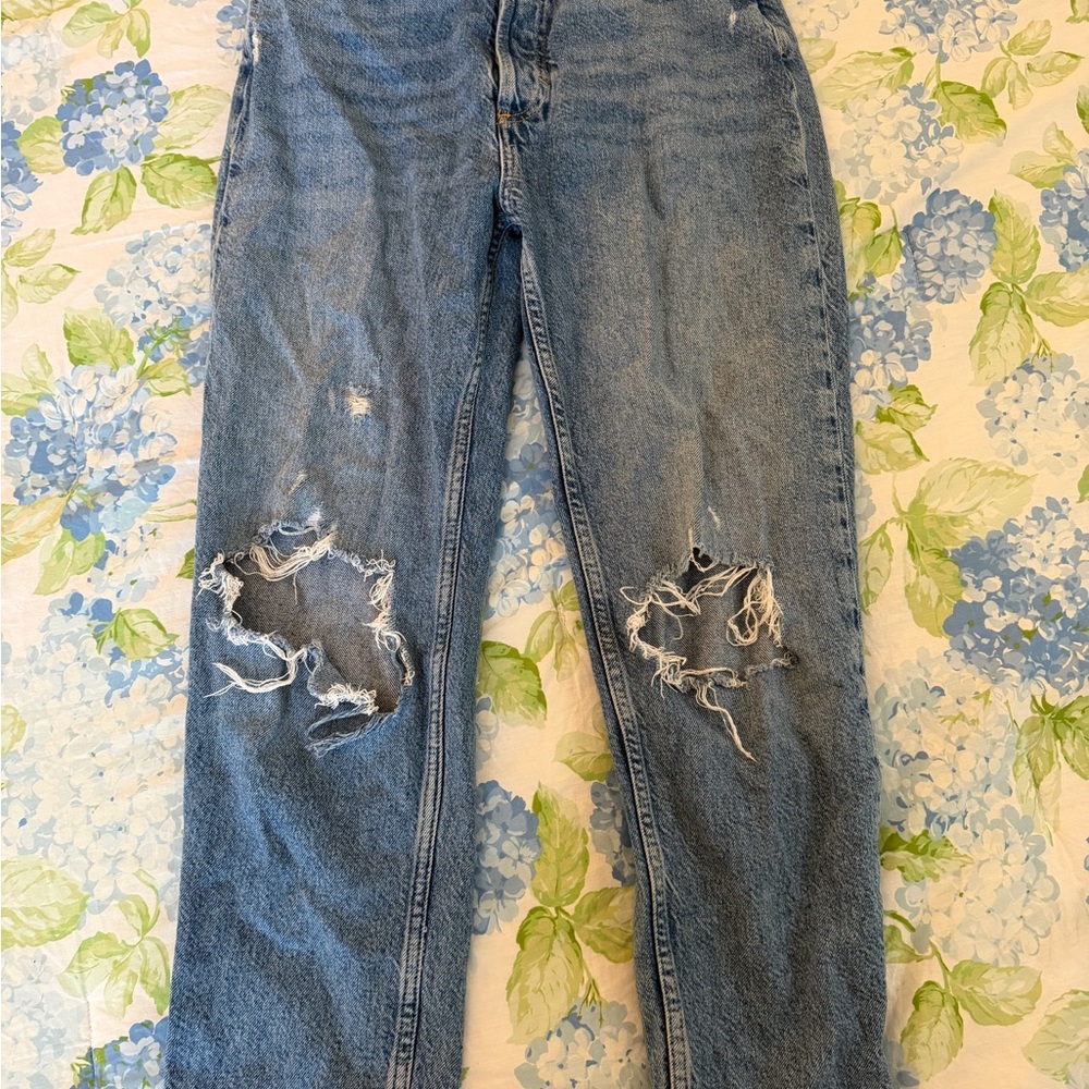 We The Free Distressed Blue High-Rise Mom Jeans